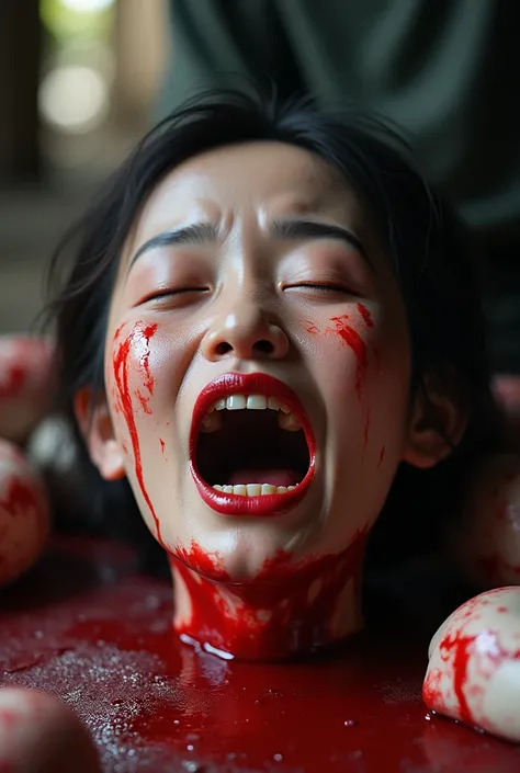 Human head being traded in a traditional market, on a top of table, human trafficking, bleeding, womans head, open mouth, ((eyes closed)), bleeding, photorealistic, 4K, Nikon, horror, public market, beautiful asian face