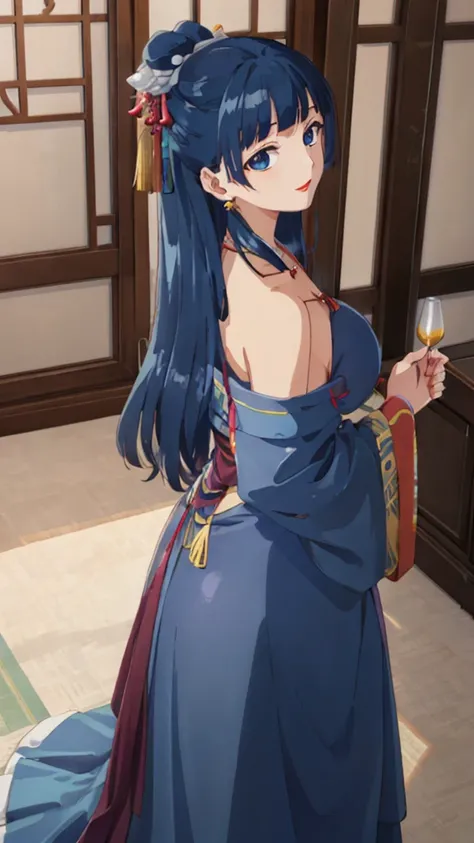 (((Highest quality､Ultra-high resolution､masterpiece: 1.2))), Highly detailed anime art style,Teen Style, (Off the shoulder,Earrings, sexy、The lavish interior of the Tang Dynasty harem), Detailed green hair, Detailed blue eyes, Symmetrical Eyes、Big complic...