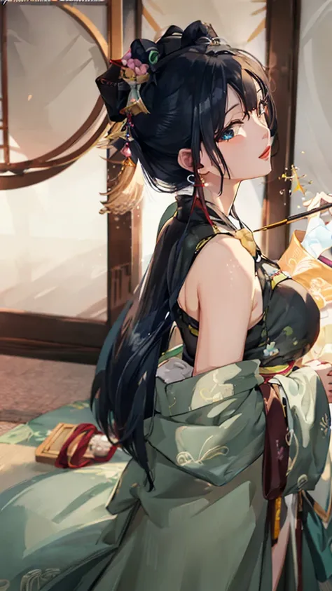 (((Highest quality､Ultra-high resolution､masterpiece: 1.2))), Highly detailed anime art style,Teen Style, (Off the shoulder,Earrings, sexy、The lavish interior of the Tang Dynasty harem), Detailed green hair, Detailed blue eyes, Symmetrical Eyes、Big complic...