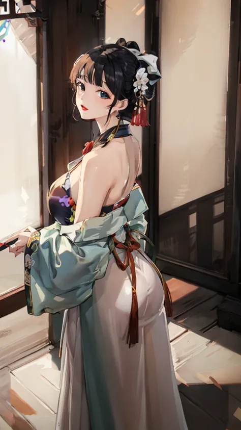 (((Highest quality､Ultra-high resolution､masterpiece: 1.2))), Highly detailed anime art style,Teen Style, (Off the shoulder,Earrings, sexy、The lavish interior of the Tang Dynasty harem), Detailed green hair, Detailed blue eyes, Symmetrical Eyes、Big complic...