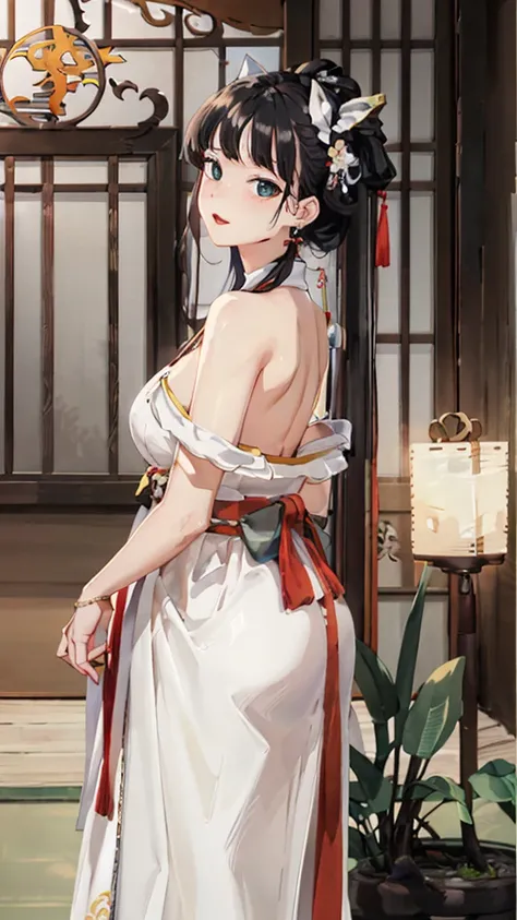 (((Highest quality､Ultra-high resolution､masterpiece: 1.2))), Highly detailed anime art style,Teen Style, (Off the shoulder,Earrings, sexy、The lavish interior of the Tang Dynasty harem), Detailed green hair, Detailed blue eyes, Symmetrical Eyes、Big complic...