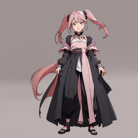 (masterpiece), (best quality),(portrait),1girl,solo,(sharp focus),(look at viewer), sazanami, two side up,twin tails,rose pink hair, flat chest, full body view,ancient long clothes,black outfit,rogue outfit,old school fantasy art,((simple background)),(gra...