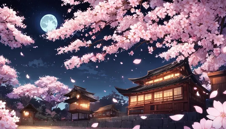 kyoto、moonlit night sky and cherry blossoms background