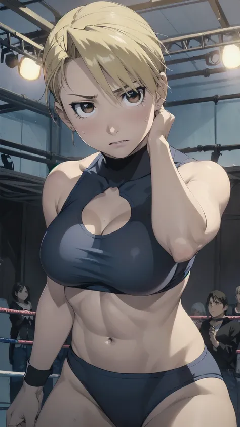 masterpiece, Highest quality, High resolution, One Girl, Hamriz, short hair、Brown eyes,big , マイクロbikini、Cowboy Shot、Muscular body、blush、Sweat、Composition from the front、anime、(((Light blue bikini、Stand in front、audience、Shaking breasts、 Fully exposed、Look ...