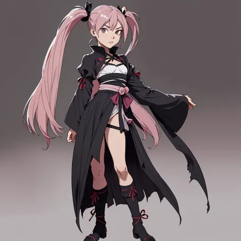 (masterpiece), (best quality),(portrait),1girl,solo,(sharp focus),(look at viewer), sazanami, two side up,twin tails,rose pink hair, flat chest, full body view,ancient long clothes,black outfit,rogue outfit,black ribbons,old school fantasy art,((simple bac...