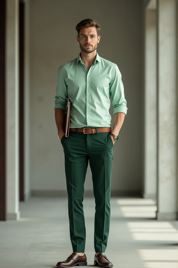 Make a man who is wearing a light green shirt and dark green pants in business casual attire