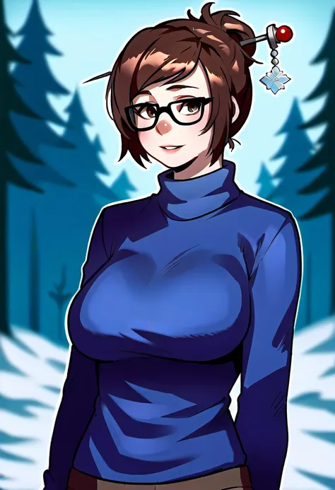 score_9, score_7_up 1girl, solo, (mei \(overwatch\)):0.8, glasses, sweater, snow, depth of field, portrait, large breasts