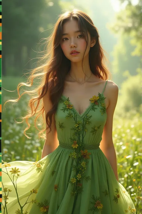 A girl with green colour sivless floral design dress 