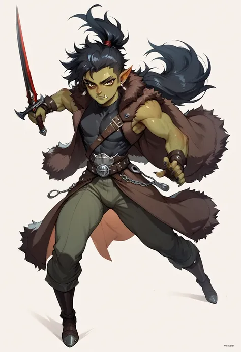 a young adult berserker half orc jacked femboy dnd marauder jade skin, equipped with a black blade curse sword,thick,adventurer ...