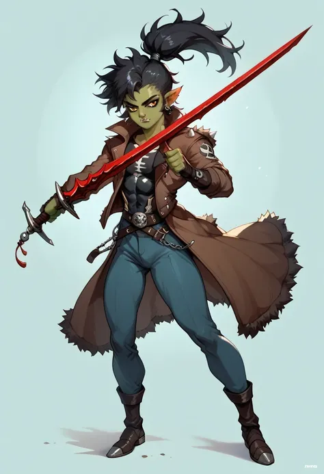  a Young adult berserker half orc jacked femboy dnd marauder jade skin, equipped with a black blade curse sword,thick,adventurer suit,fur coat in an 90’s style. He’s a young man with long hair,long ponytail messy hair, a serious expression,dynamic poses.Th...