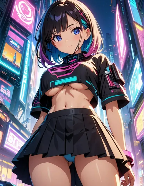 (anime artwork, anime style, studio anime, very detailed, up to date, vibrant, Anime Coloring, high contrast, masterpiece:1.2, best quality, best aesthetics),1 girl,cyber punk clothes, Medium chest, A glimpse of thighs,cyber punk hair, One eye is hidden by...