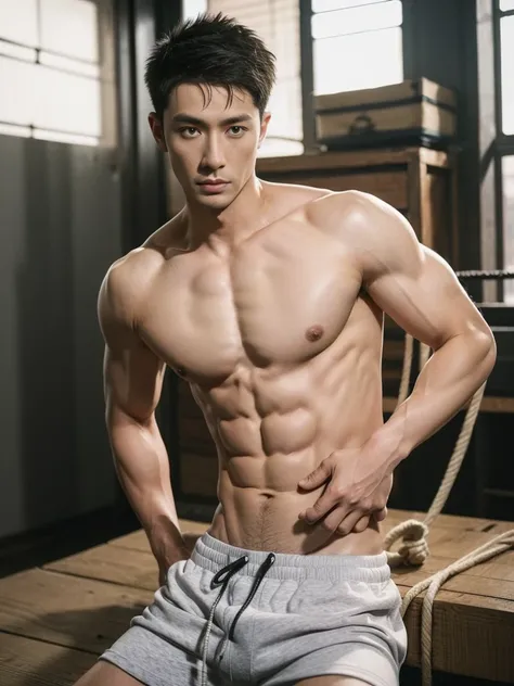 Chinese male actor in a briefs, handsome Chinese guy, handsome man, Full Body Shoot, photoshoot, portrait, look at camera, detailed facial parts, Manly, Charmer, Active Boy, standing, top tied up with rope, rope bondage, strangled with rope, harness, wrapp...