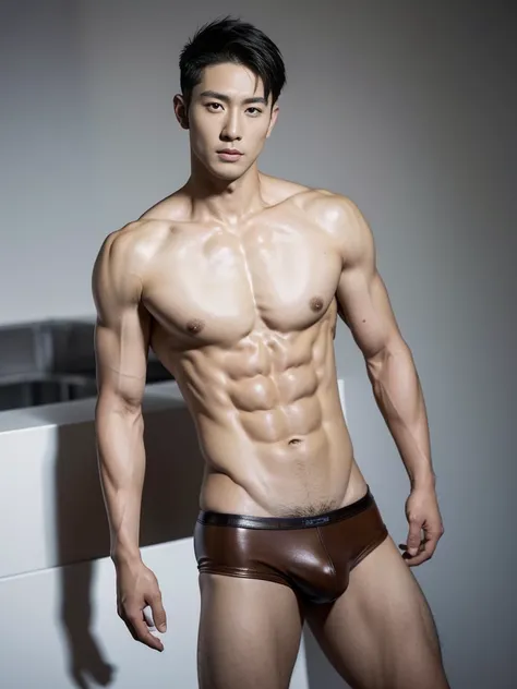 Chinese male actor in a briefs, handsome Chinese guy, handsome man, Full Body Shoot, photoshoot, portrait, look at camera, detailed facial parts, Manly, Charmer, Active Boy, standing, top tied up with rope, rope bondage, strangled with rope, harness, wrapp...