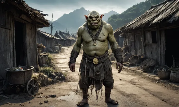 A Chinese orc in dirty torn clothes stands in the middle of a droga in the village. On the side of the road there are old huts, a broken cart. The orc is bald, its body is wrinkled, its hair is disheveled, and a dead bird lies next to it. A huge gold medal...