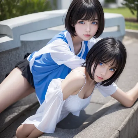 The character is a high school girl in her late teens.、Short black hair, striking white skin and blue eyes。