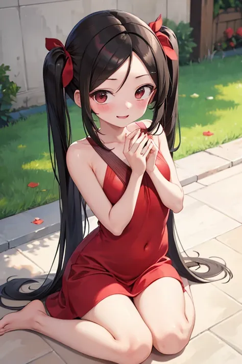 completely naked　anshinin mass　guru　girl　pray　twin tails　black hair　red mesh