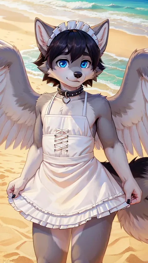 femboy, wolf boy, male, maid outfit, flat chested,  thin metal collar, grey fur, white feathered wings, blue eyes, beach setting, 