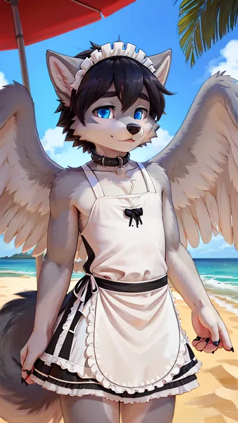 femboy, wolf boy, male, maid outfit, flat chested,  thin metal collar, grey fur, white feathered wings, blue eyes, beach setting, 