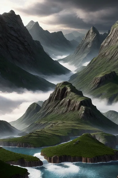 3d fantasy world. epic landscape, epic mountain, water, cloudy, very detailed and cinematic lighting. Ultra res