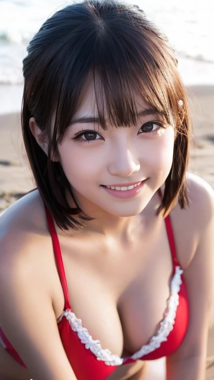 Japanese Idol　Approximately 20 years old　Glamorous figure　Blonde with bangs　Bright red lips　Duck mouth　fluorescent yellow bikini　Sexy smile　Blushing　((Date on the beach at night))　Portraiture　Looking into the camera　((dressing))　蒸し暑くてSweaty光沢のある顔　Sweaty　Sw...