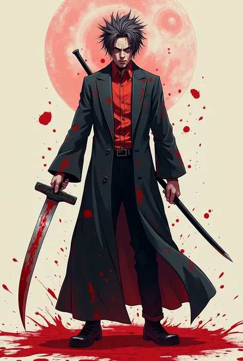 ((samdoesart)), A personagem standing, holding an epée, with blood in the body, With incredible details, in an illustration style, as a 4k wallpaper, Yuta Okkotsu, JUJUTSU KAİSEN, vector, cake, ((semirealism))