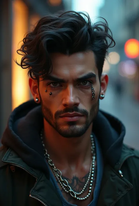 naughty man, 19yearsold, 73kg, 1,81cm, endomorph body dark brown hair, little beard, Caucasian skin, eyeballs "black", he has some piercings (ears and left eyebrow) and is always wearing streetwear style clothes.