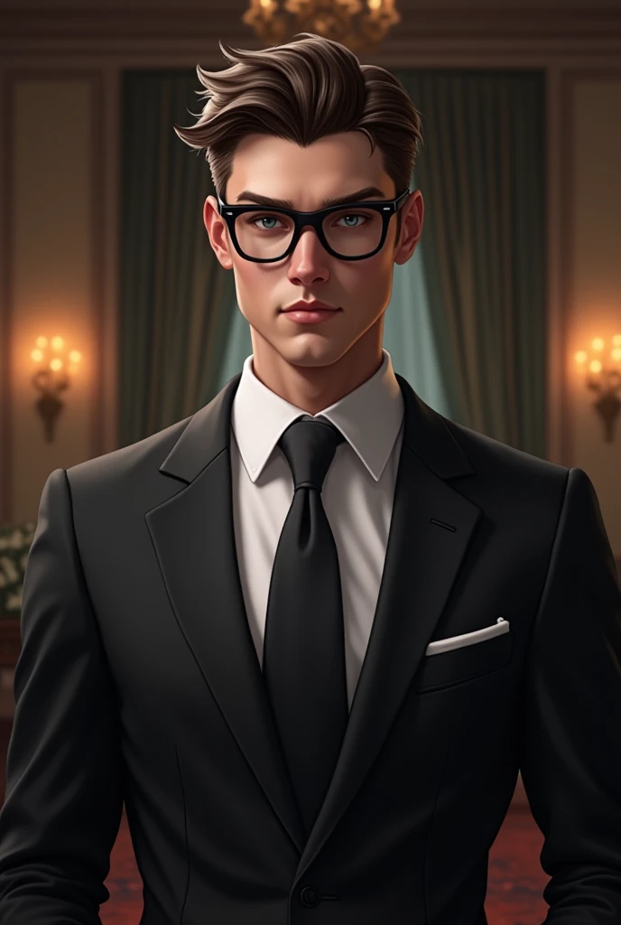 A handsome butler with black hair and glasses. I wish he was a little younger. He has a short haircut, wears a suit with a tie, and has a cat-like face.