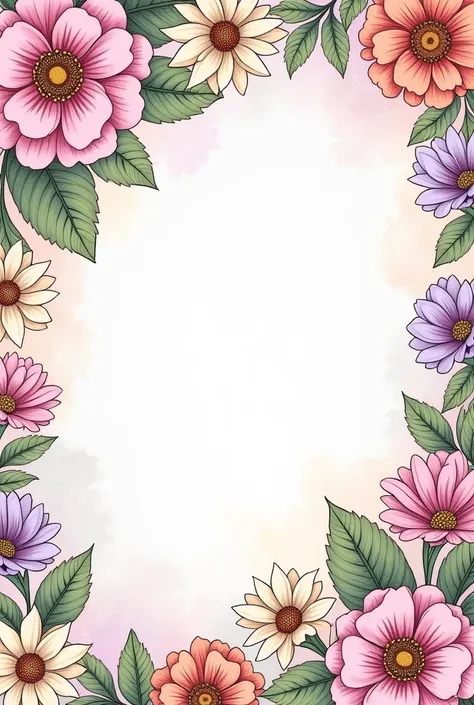 Create a detailed, elegant book cover background for an adult coloring book. The theme is floral, featuring a variety of intricate flowers in soft, pastel colors. The design should include delicate line art that is both inviting and relaxing, appealing to ...