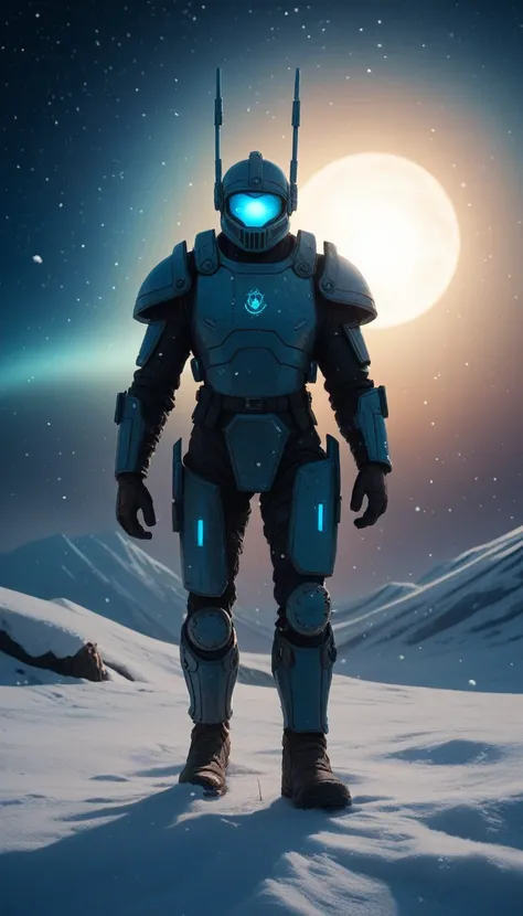 A futuristic warrior stands in a snowy, ethereal landscape. Clad in a sleek, high-tech suit of armor with glowing blue accents, his helmet features glowing eyes. The suit incorporates fur around the shoulders, adding a primal touch. The warrior holds a fut...