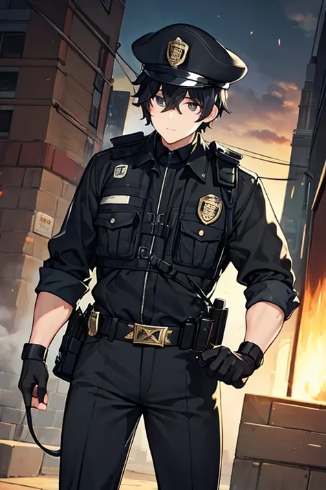 man, short black hair, Police cap, black face mask, policeman suit, black fingerless gloves