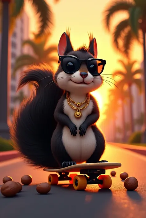 Squirrel,sunglasses,palmtrees,urban,Sunset,Skateboard,nuts,golden jewelry,Long black hair