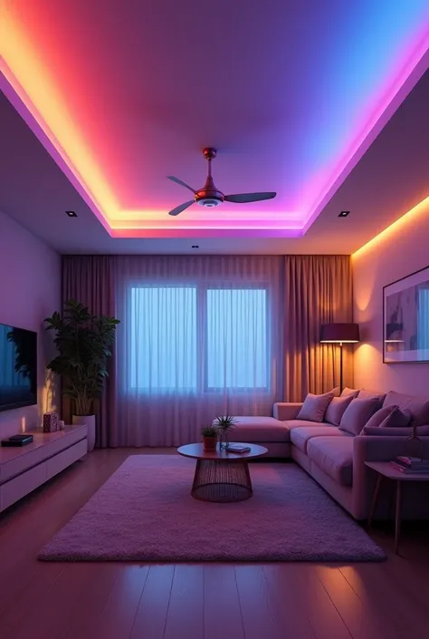 +masterpiece, best quality, RGB atmosphere light strip，Living room ceiling RGB light strip decoration，Reality is super realistic