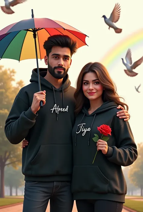 Realistic Pakistani 25-year-old Handsome boy with beard ,Black Hoodie with a 22-year beautiful girl in a Black Hoodie, the girl has a red rose flower in her hand, and the boy holding a multi-colorful umbrella in his hand, written in "Afreed" in the boys ho...