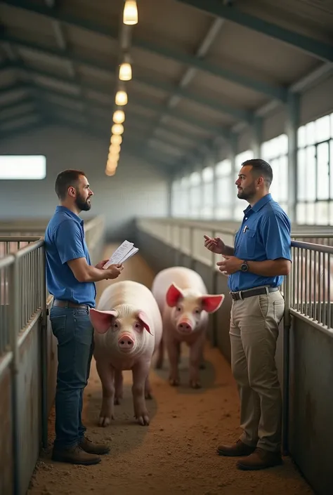 The financial staff is talking to the farm manager in the pig factory、Financial knowledge training for breeding technicians，Because you can earn higher wages，And everyone has a strong profit mindset，They are all very happy