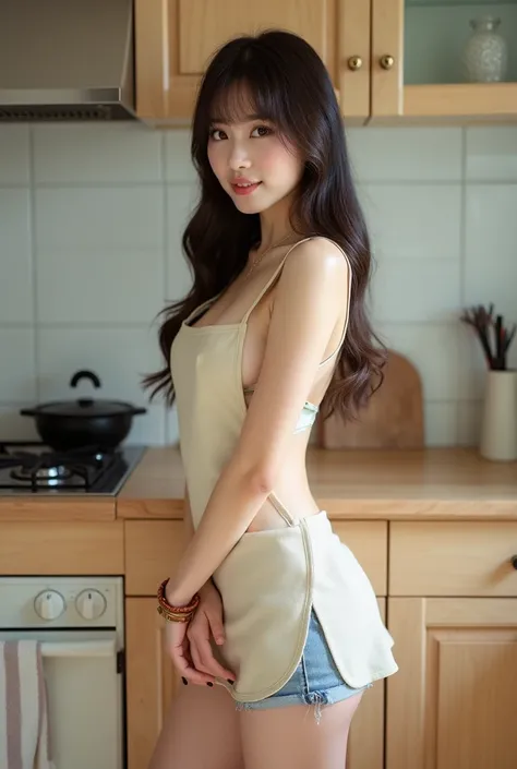 highest quality,Photo quality,Ultra-high resolution,Professional Lighting,14 years old,Beautiful face like an actress,With bangs,Sexy shorts:1.2、Amazingly cute、((Naked Apron))、The bra is visible through、kitchen、Panty shots from the gap in her shorts