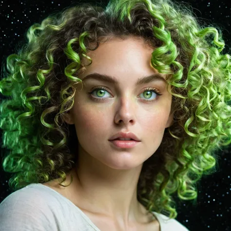 Man pushing planet from space. Let her light green eyes and curly hair appear up close 