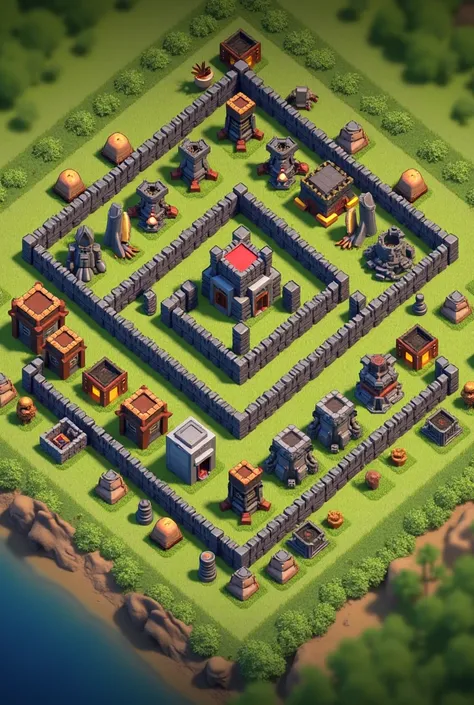 Create a clan of clan distribution for town hall 10 so that it is impossible for the entire village to be demolished in one attack. Show the distribution of where each thing will be placed, cannon, etc.
