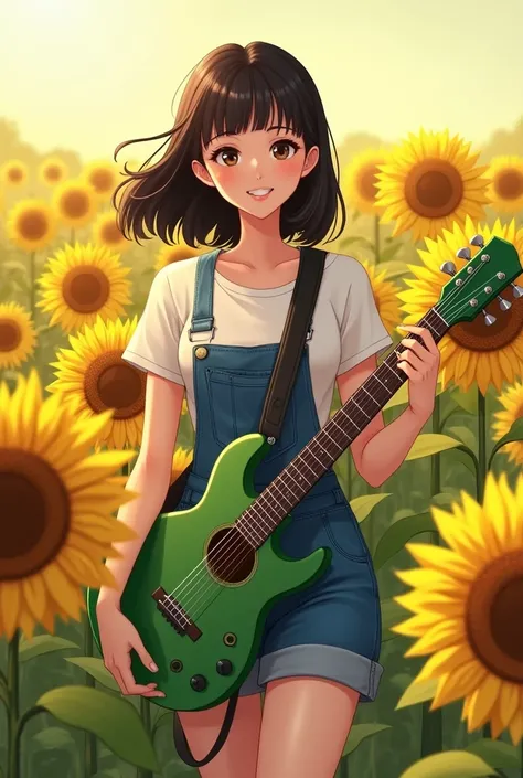 The location is a sunflower field under natural light. She is wearing overalls and has black hair with bangs.、Illustration of a girl with medium length hair、Her whole body is showing her vitality.、It shows her inner peace and outer charm.。Give her a green ...