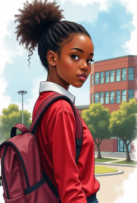 A black 16 yr old girl wearing red school uniform looking determined and over her shoulder her natural hair is tied in high Ponytail.the background is a modern school building and the image is  watercolor painting 