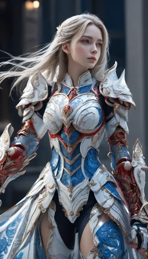 front_watch, masterpiece, best quality, realistic, raw photos, (1 girl, looking at watcher), long hair, white armor, complex arm...