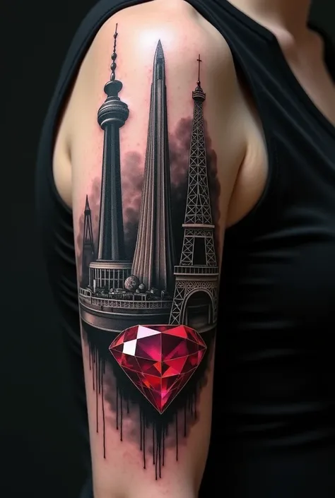 Tatouage style réaliste, en noir et blanc avec un monument qui représente Taipei, un monument qui représente Perth, un monument qui représente paris et un rubis