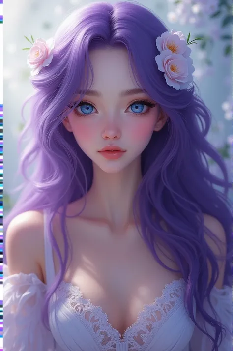 Purple hair, blue eyes, long hair, real white beauty, dress up, flower on head