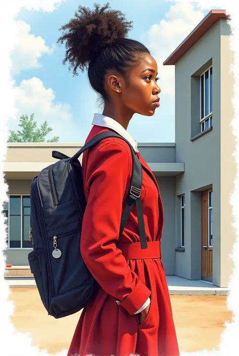 A black 16 yr old girl wearing red school uniform looking determined and over her shoulder her natural hair is tied in high Ponytail.the background is a modern school building and the image is  watercolor painting 