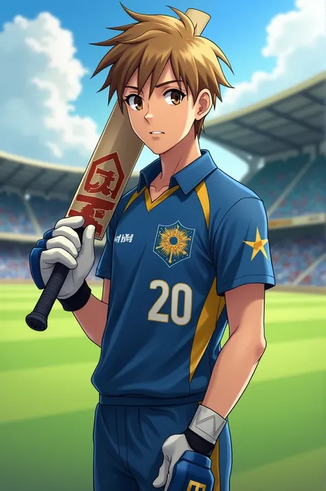 Cricketer name senuka 
Jersey number 20
Jersey name sm 
Hair color light browen holding a bat
