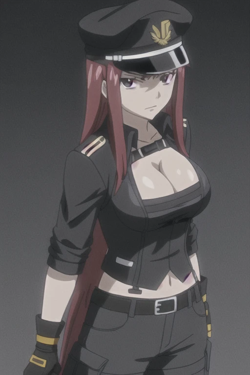 1girl, solo, Erza Scarlet, Fairy Tail, red hair, long hair, looking at viewer, sidelocks, black military uniform, black long-sleeve shirt, black military bulletproof vest, big breasts, cleavage, military tactical belt, black military cargo pants, gloves, b...