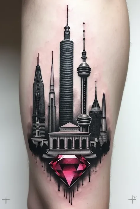 Tatouage style réaliste, en noir et blanc avec la tour 101 de  Taipei, un monument qui représente Perth, un monument qui représente paris et un rubis caché en noir et blanc