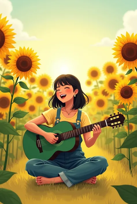 The location is a sunflower field under natural light. She is wearing overalls and has black hair with her bangs swept back.、Illustration of a girl with medium length hair。Please have her sit cross-legged, hold a green guitar and sing happily.。