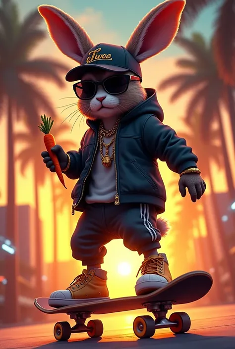 Rabbit,black,Basecap Skateboard urban golden jewelry palm trees Sunset carrots sunglasses