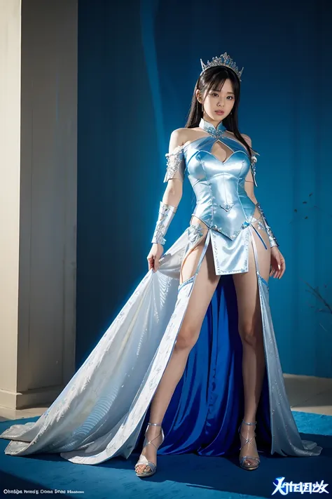 a full body of a woman in a silver and blue dress, chengwei pan on artstation, by yang j, detailed fantasy art, stunning charact...