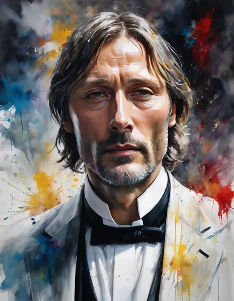 Messy painting style portrait of a Mads Mikkelsen lookalike, white, neck length hair, suit, white collar priest, grizzling hair, no beard, serious